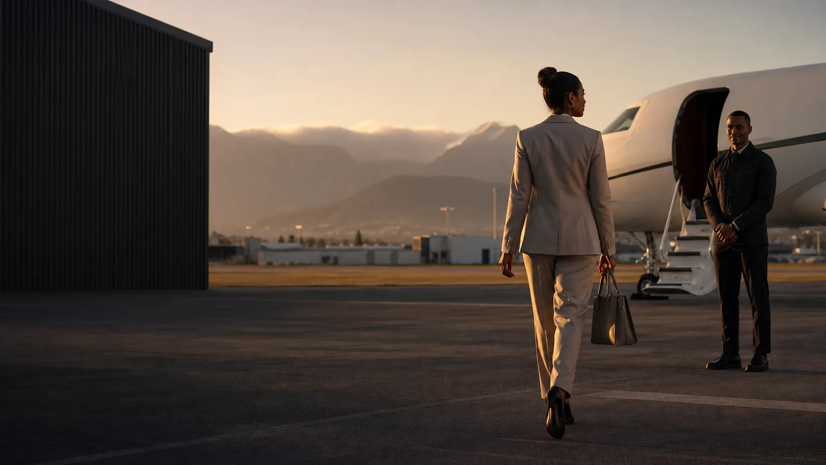 Executive traveller boarding a private aircraft in Cape Town