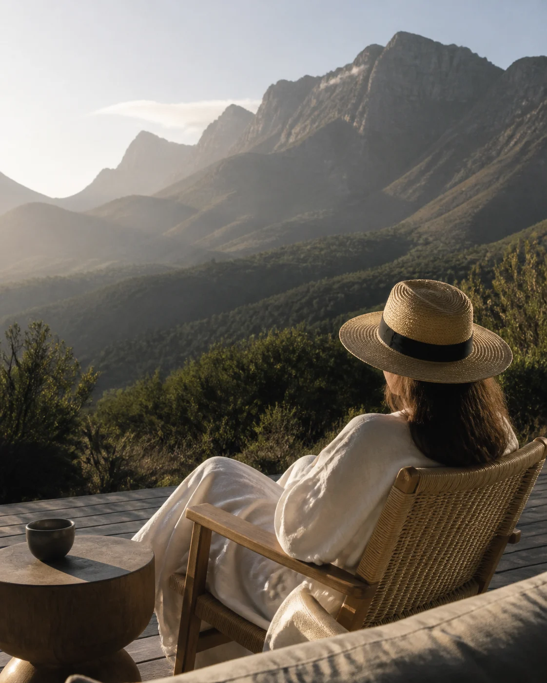 Traveller looking across a South African mountain landscape